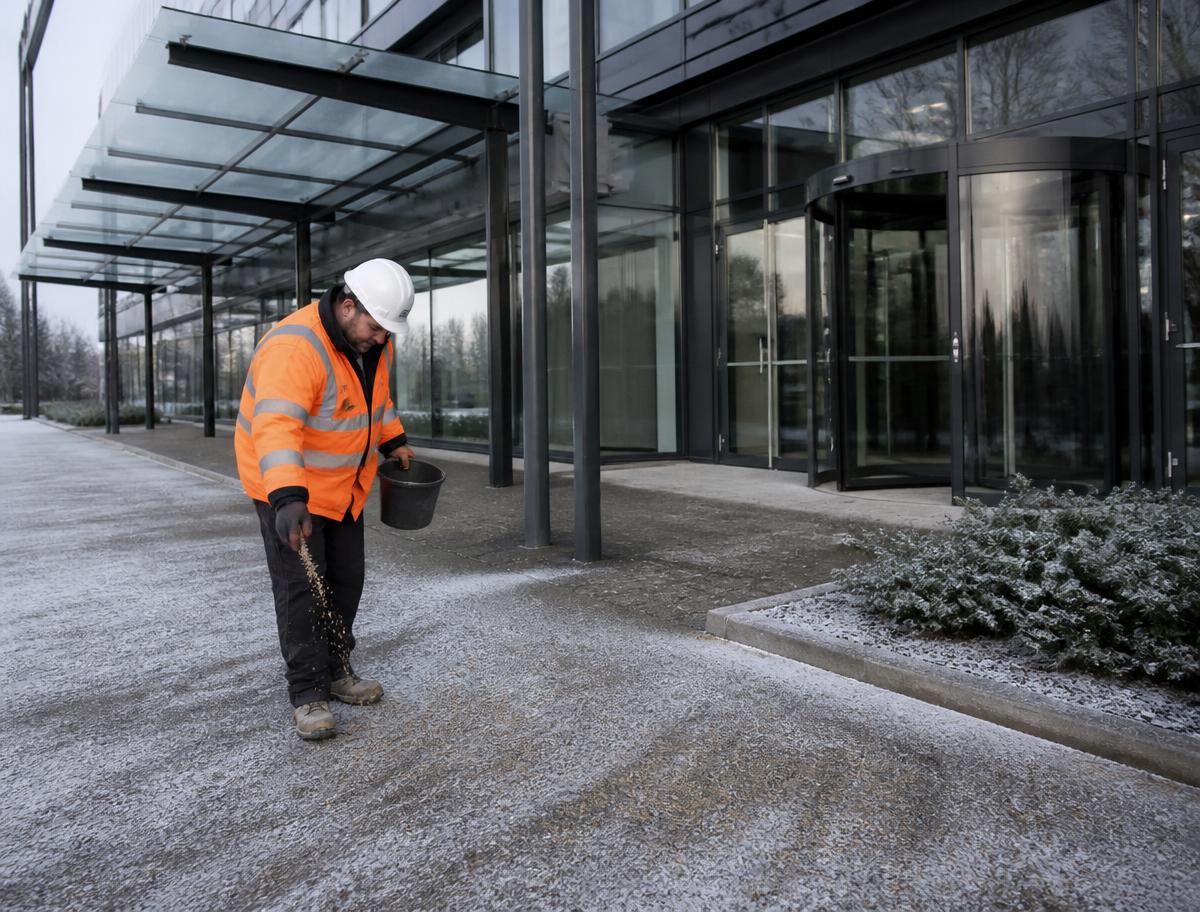 Trained operative gritting a pedestrian walkway outside a commercial building